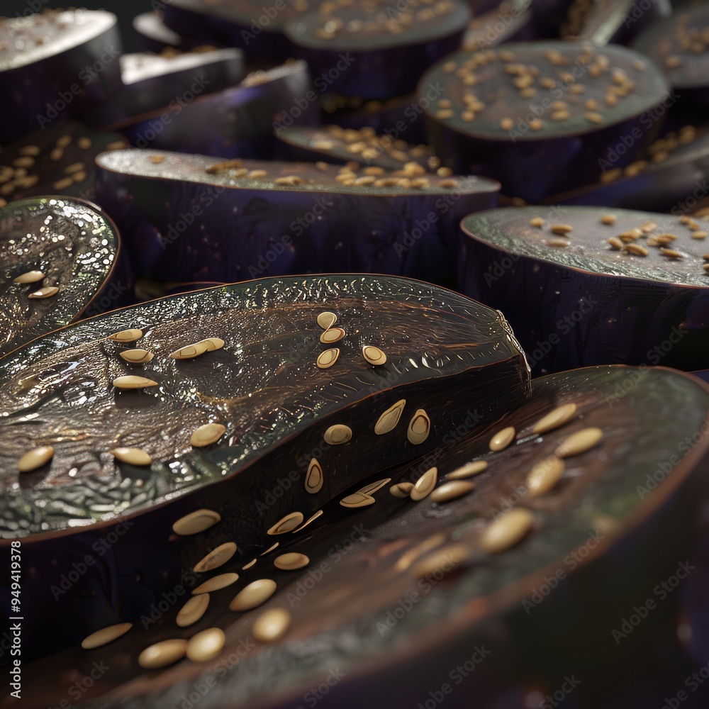 Poster Close-up of sliced eggplant with visible seeds.