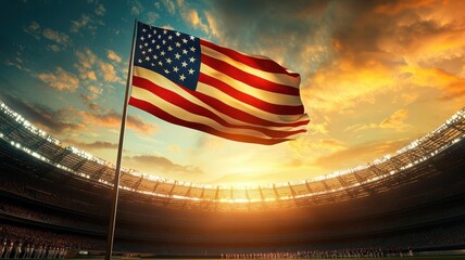 American flag flying over a stadium during the national anthem, with athletes lined up on the field, emphasizing respect and tradition at a sports event