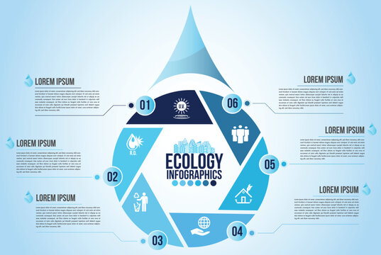 Infographic eco water blue design elements process 6 steps or options parts with drop of water. Ecology organic nature vector business template for presentation.