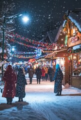 Obraz premium A snowy village square at night, with Christmas lights reflecting on the snow and people walking by wrapped in winter clothing