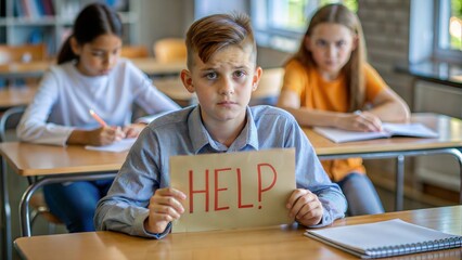 A student sitting at a desk in a classroom, holding up a poster with the word "Help!" written on it, representing a need for academic assistance.