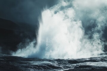A raging churning geyser erupting in a volcanic land, with copy space