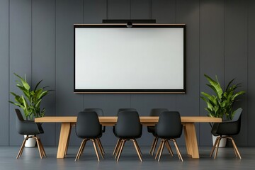 Minimalist conference room with clean lines, neutral tones, and a large digital screen, embodying a contemporary and efficient workspace design