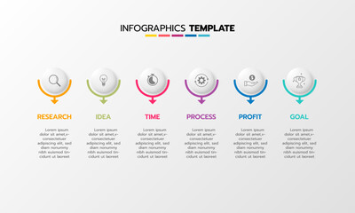 Business infographic template process with simple geometry square, rectangle, circle, triangle, curves in flat design template with thin line icons and 6 options or steps. Vector illustration.