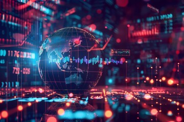 Obraz premium Futuristic digital globe with financial data, symbolizing global finance, technology innovation, and economic trends