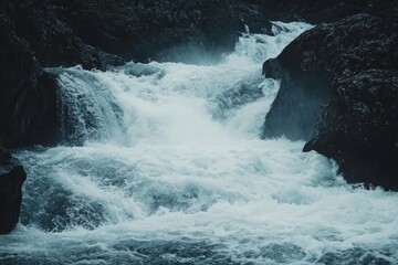 A raging whitewater river cascading over a series of rocks, with copy space