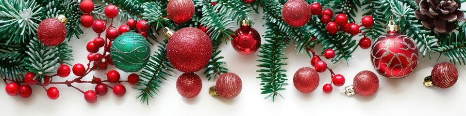 Fototapeta premium Green and red Christmas decorations on a white background, creating a festive holiday scene.