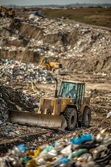 Fototapeta premium The track loader pushes and levels layers of garbage at a landfill site, with a backdrop
