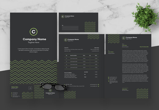 Dark Gray And Green Stationery Set