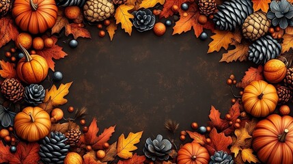 Thanksgiving style wallp aper brown background with  35frame, autumn, leaf, flower, vector, illustration, food, border, nature, decoration, fruit, plant, orange, pumpkin, season, floral, holiday, desi