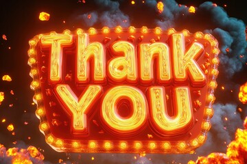 Vibrant neon 'Thank You' sign with sparks and fireworks