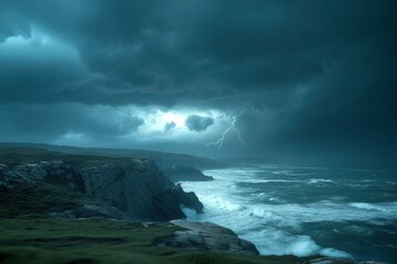 A thunderstorm raging over a rugged coastal landscape, with copy space