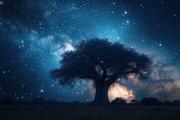 A towering ancient baobab tree silhouetted against a vibrant, starry night, with copy space