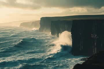 A vast sweeping coastal landscape with dramatic clif, with copy space