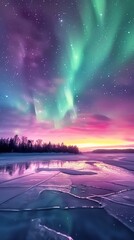Obraz premium Spectacular northern lights over a frozen lake vibrant green and purple skies