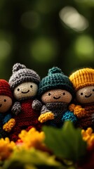 Naklejka premium Colorful handmade dolls wearing knit hats, surrounded by vibrant flowers. Perfect for showcasing crochet art and playful decor.