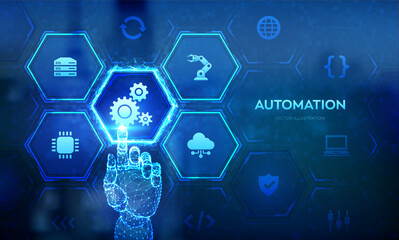 Fototapeta premium Automation Software. IOT and Automation concept as an innovation, improving productivity in technology and business processes. Wireframe hand touching digital interface. Vector illustration.
