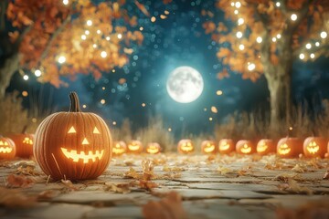 A moonlit pumpkin patch surrounded by tall, dark trees, with jacko lanterns casting spooky shadows on the ground, capturing the essence of Halloween, with room for text or branding