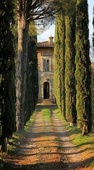 Sunlit cypress alley leading to an ancient mansion