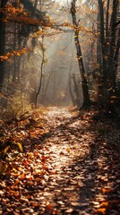 Fototapeta premium Sunlit forest path covered in fallen leaves inviting and mysterious