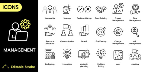 Business or organisation management line icon set. Containing manager, team building, strategy, business, planning icons. icons vector collection.
