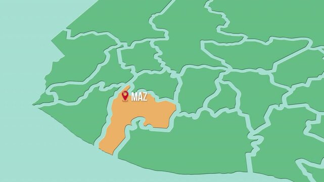 Mapa de Guatemala con divisi&oacute;n pol&iacute;tica resaltando el estado de Suchitep&eacute;quez con la capital Mazatenango. 