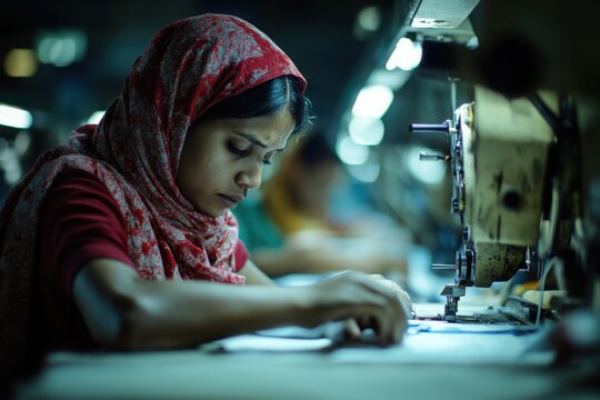 A worker in a sweatshop focused on a sewing machine, with copy space