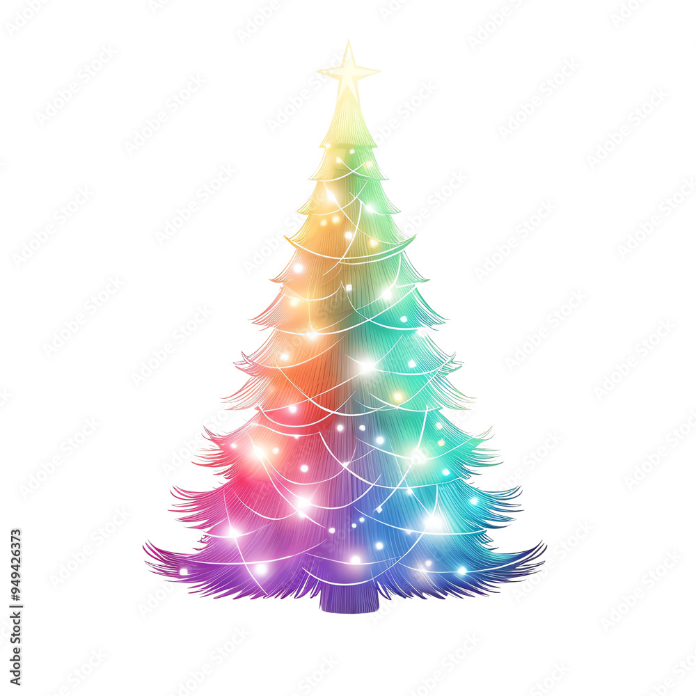 Wall mural Vibrant rainbow Christmas tree with twinkling lights creating a festive holiday atmosphere, perfect for seasonal celebrations and decorations.