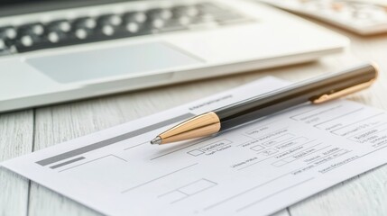 Gold Pen on Checkbook with Laptop in Background