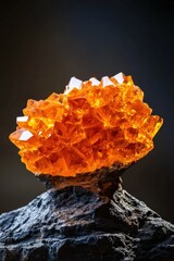 Obraz premium Stunning orange crystal formation resting on dark rock, showcasing natural beauty and intricate details of mineral structure.