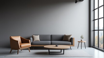 Fototapeta premium Modern living room interior with stylish furniture, natural light, and minimalistic design. Cozy and elegant atmosphere for relaxation.