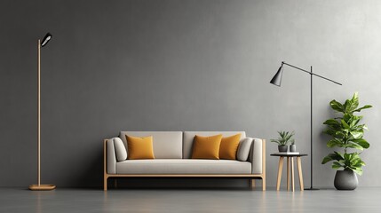 Modern living room with a grey sofa, yellow cushions, floor lamps, and indoor plants against a grey wall.