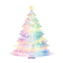 A beautifully decorated pastel rainbow Christmas tree with ornaments and lights, perfect for festive holiday themes and seasonal celebrations.