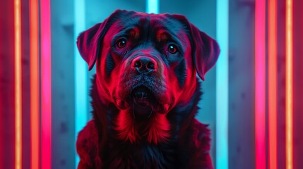 Rottweiler in a scifi training facility, Futuristic, Blue and neon, Digital Art, Hightech training equipment