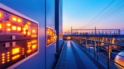 A sleek power station at dusk, showcasing illuminated control panels and a vibrant skyline with power lines in the background.