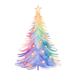 Beautifully decorated, colorful Christmas tree with a star on top. Festive holiday illustration perfect for seasonal designs and cards.
