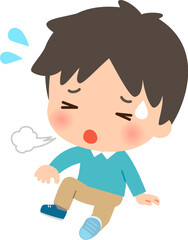 疲れた様子で地面に座り込む男性