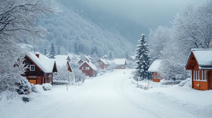 Tranquil Winter Scene: Small Village Blanketed in First Snowfall, Fresh and Serene Winter Weather