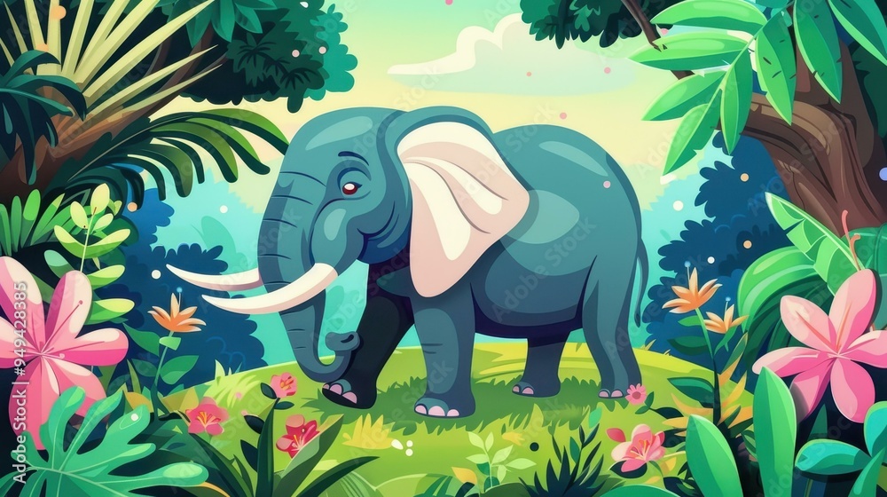 Poster Bright and playful pastel painting of a cartoon elephant in a vibrant park setting. Perfect for kids decor