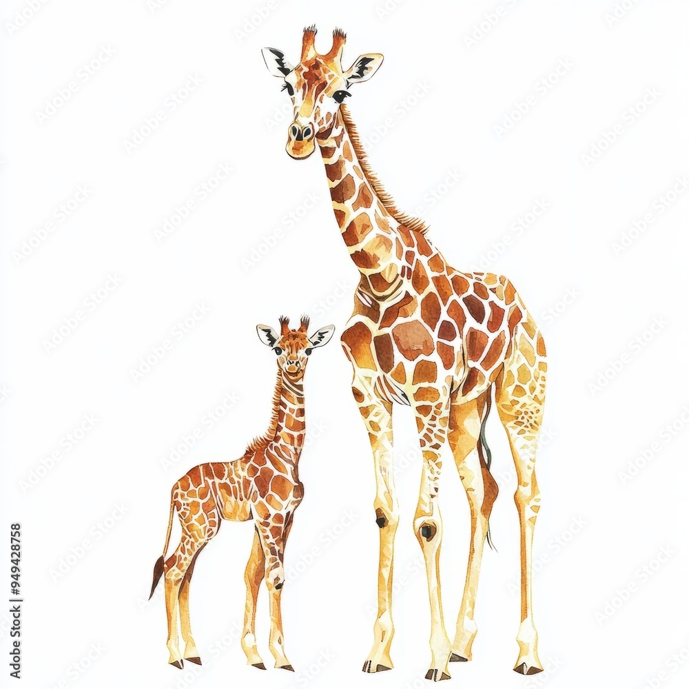 Wall mural watercolor painting of a giraffe with its calf, on isolated white background