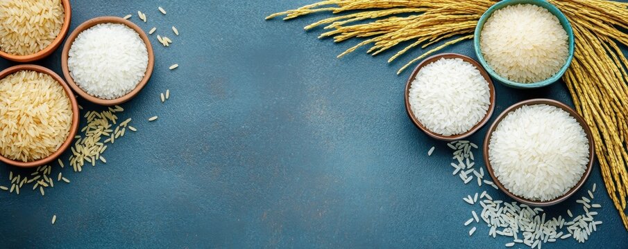 A vibrant composition of different rice varieties in bowls, showcasing textures and colors against a blue background.
