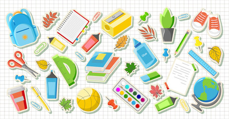 Collection Modern Stickers Supplies for kids on Squared noteb. Set trendy school elements. Cartoon education stickers. Back to School Icons, Book, Pencil, Backpack, Globe, Ruler, Scissors, Sneakers. 