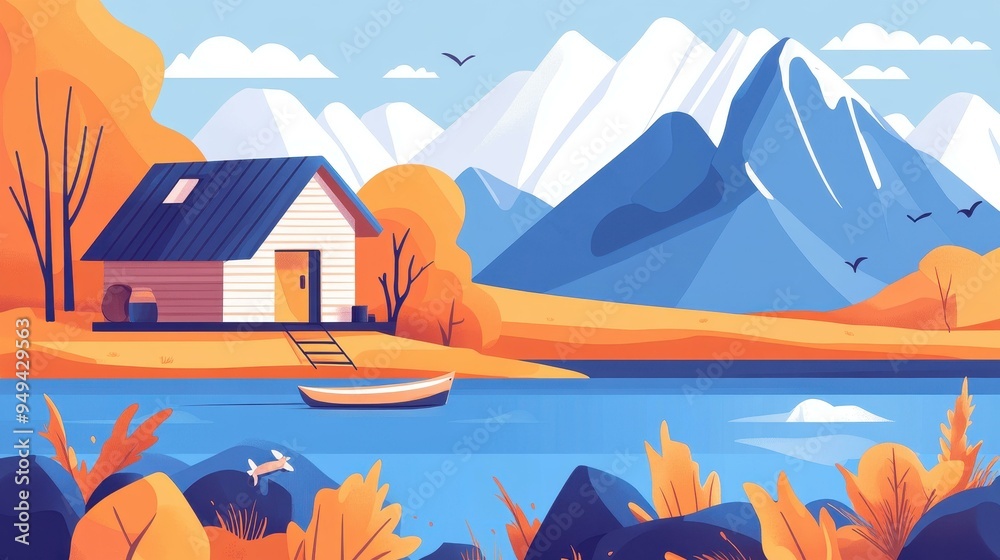 Wall mural Escape to a tranquil mountain lake in this charming fishermans cabin house illustration, blending modern design with nature.