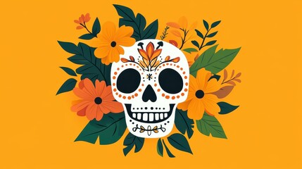 Fototapeta premium Vibrant floral calavera, showcasing modern animation with a unique cartoon flair and textured details for a lively appeal.