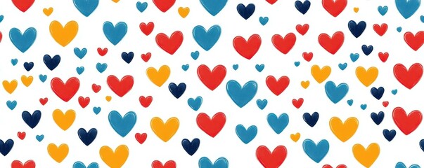 Bright, colorful small hearts in a plain emoji style, evenly spaced on a white background, perfect for any design.