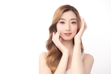 Beautiful young asian woman with clean fresh skin on white background, Face care, Facial treatment, Cosmetology, beauty and spa, Asian women portrait.