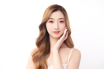 Fototapeta premium Beautiful young asian woman with clean fresh skin on white background, Face care, Facial treatment, Cosmetology, beauty and spa, Asian women portrait.