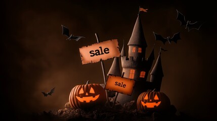 Spooky Halloween scene featuring pumpkins, a haunted castle, and bats, perfect for themed sales and promotions.