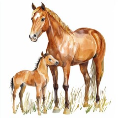 Fototapeta premium watercolor painting of a horse with its foal, on isolated white background