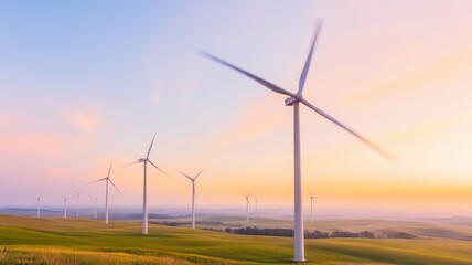Obraz premium Beautiful sunset over wind turbines in a lush green field, showcasing renewable energy and sustainable technology.